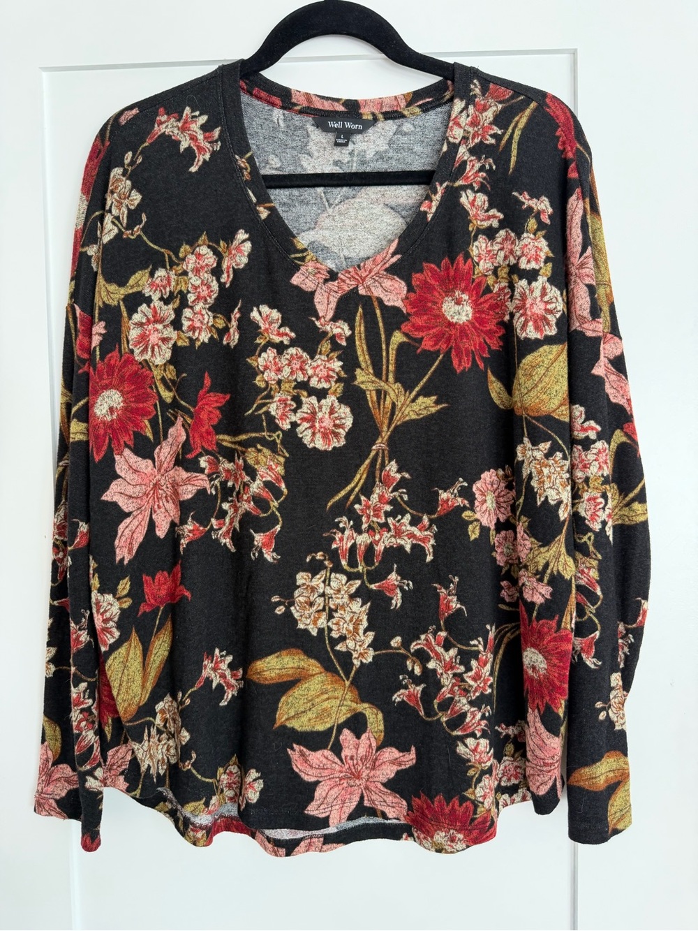 Well Worn Black Floral V-Neck Long Sleeve Top with Red and Pink Blooms